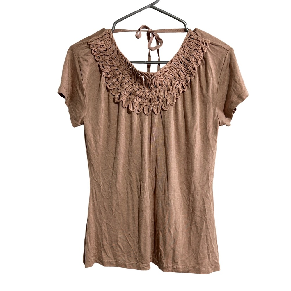 Mikarose Womens Large Boho Taupe Braided Beaded Short Sleeve Top M/L